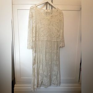 Sheer lace dress. Ivory, cotton blend, 3/4 sleeves, midi length